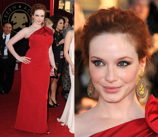 Mad Men stunner Christina Hendricks wore a simple oneshouldered red gown