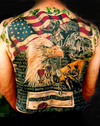 Japanese Military Design Tattoo On Full Back Body