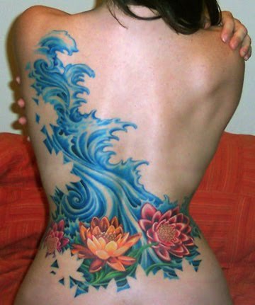 Waves and Flowers Lower Back Tattoo Waves and Flowers Tattoo