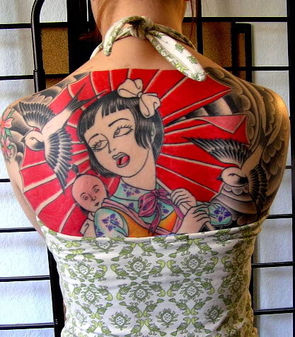 kimono girl with japanese tattoo on the back body