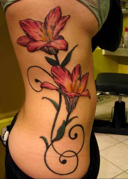 Tiger Lily Tattoo On Side. Flower Tattoo Design.