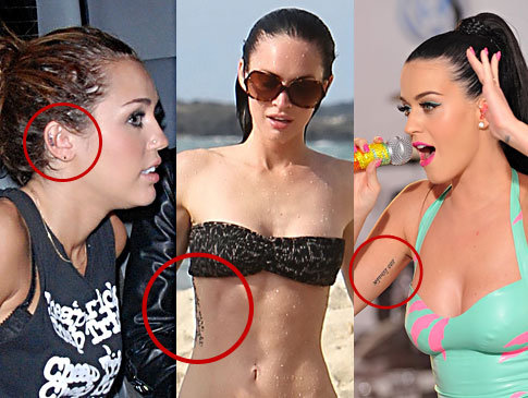 Miley Cyrus (l.), Megan Fox (m.) and Katy Perry (r.) are all expressing their love through their new tattoos.