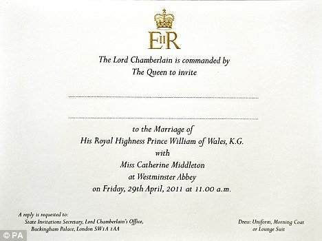 kate and william royal wedding invitation. william and kate royal wedding