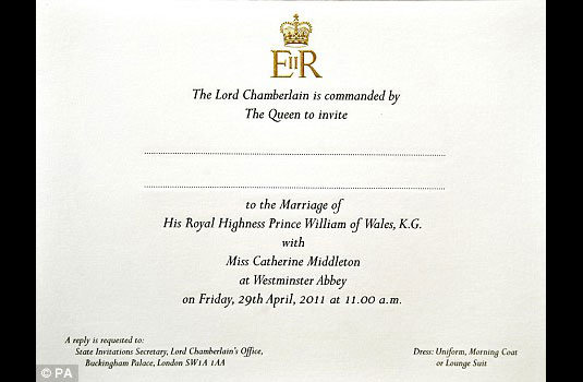prince william wedding invitation. prince william wedding