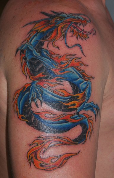 Chinese dragon tattoo Blue and Red beautiful Chinese dragon tattoo in arm