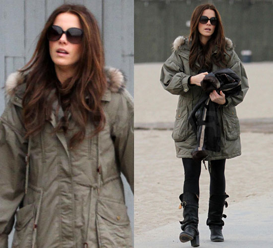 Photos of Kate Beckinsale in Buckled Boots and Green Parka in Venice Beach