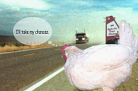 cartoon of chicken crossing the road with a semi truck in the background and Kentucky Fried Chicken sign with the chicken saying, I'll take my chances