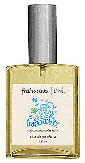 picture of Fresh Scents by Terri perfume bottle in Breathe with blue writing and a caricature of a girl with a pony tail, also in blue