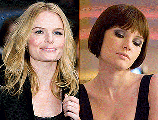 a picture onthe right of a blond Kate Bosworth in a black top and a picture on the left of a dark-haired blunt-banged bob Kate Bosworth with smokey eyes in a black outfit