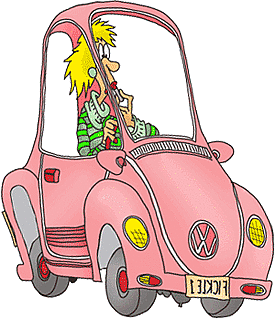 cartoon of a blonde woman driving a pink car