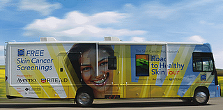 picture of The Skin Cancer Foundation’s Road to Healthy Skin Tour's yellow and white van