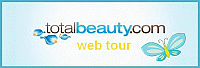 logo of Total Beauty Web tour in a plae blue and white rectangle