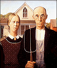 picture of painting, American Gothic by Grant Wood, a man, a woman, and a pitchfork