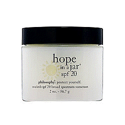 picture of Philosophy's Hope in a Jar with SPF 20 and with a picture of the sun and the words philosophy where there is darkness, there can be light and where there is light, there must be sensibility