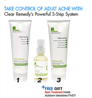 picture that says take care of acne control with clear remedy three step system, which consists of three white iQ clear remedy containers 