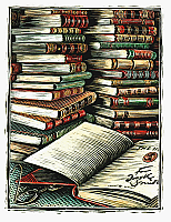 color drawing of a two stacks of books with one book open, sitting in front of the stacks