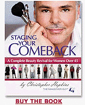 picture of cover of book of Staging A Comeback by Christopher Hopkins with a picture of Christopher sitting with his hand on his cheek, holding three makeup brushes, with 15ladies in seperate pictures at the bottom of the book