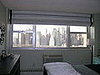 flat stitched roman in white cotton with black contrast banding and jewel trim - Brooklyn Heights, NY