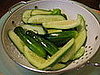 First, the pickling cucumbers (I chose Kirby) get salted and drain for an hour.