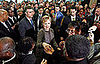 New Secretary of State Hillary Clinton gets big cheers during first day on the job.